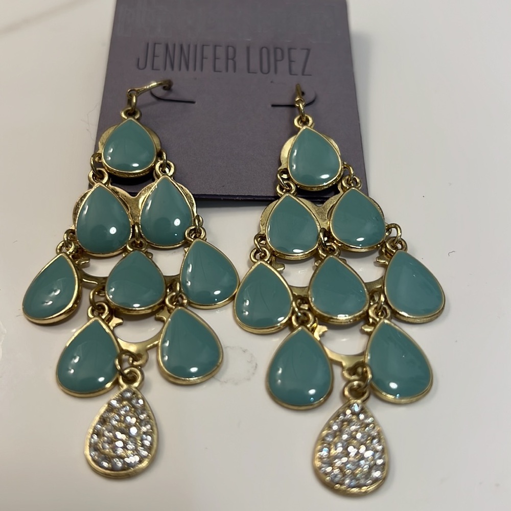 Jennifer Lopez jewelry chunky blue & gold tone dangle earrings